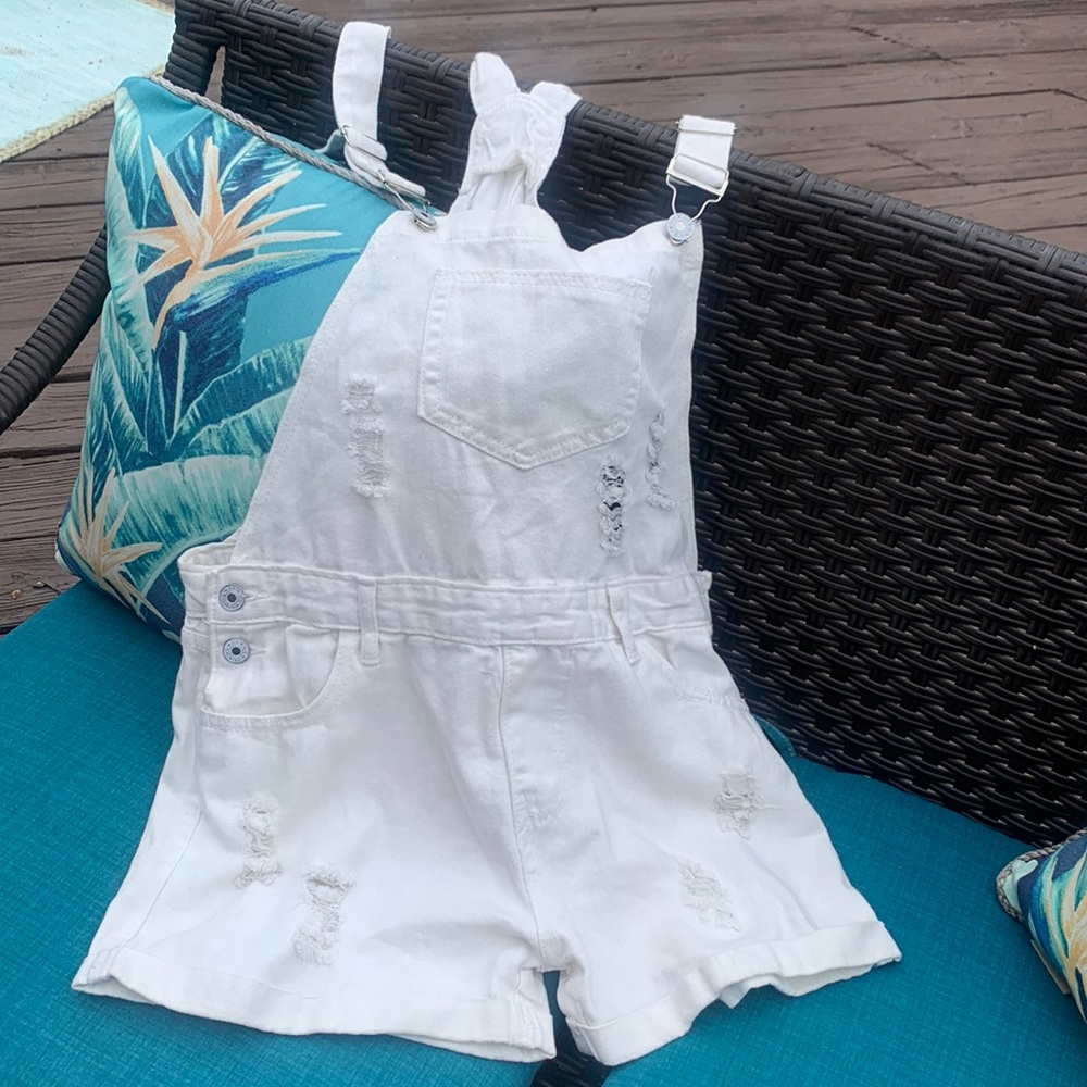 White blue Jean distressed overalls. Size XL